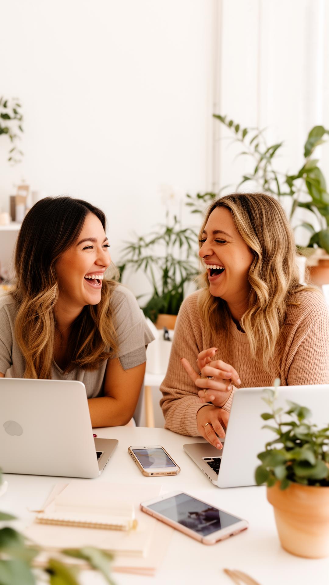 Two creative founders laughing together at their desk