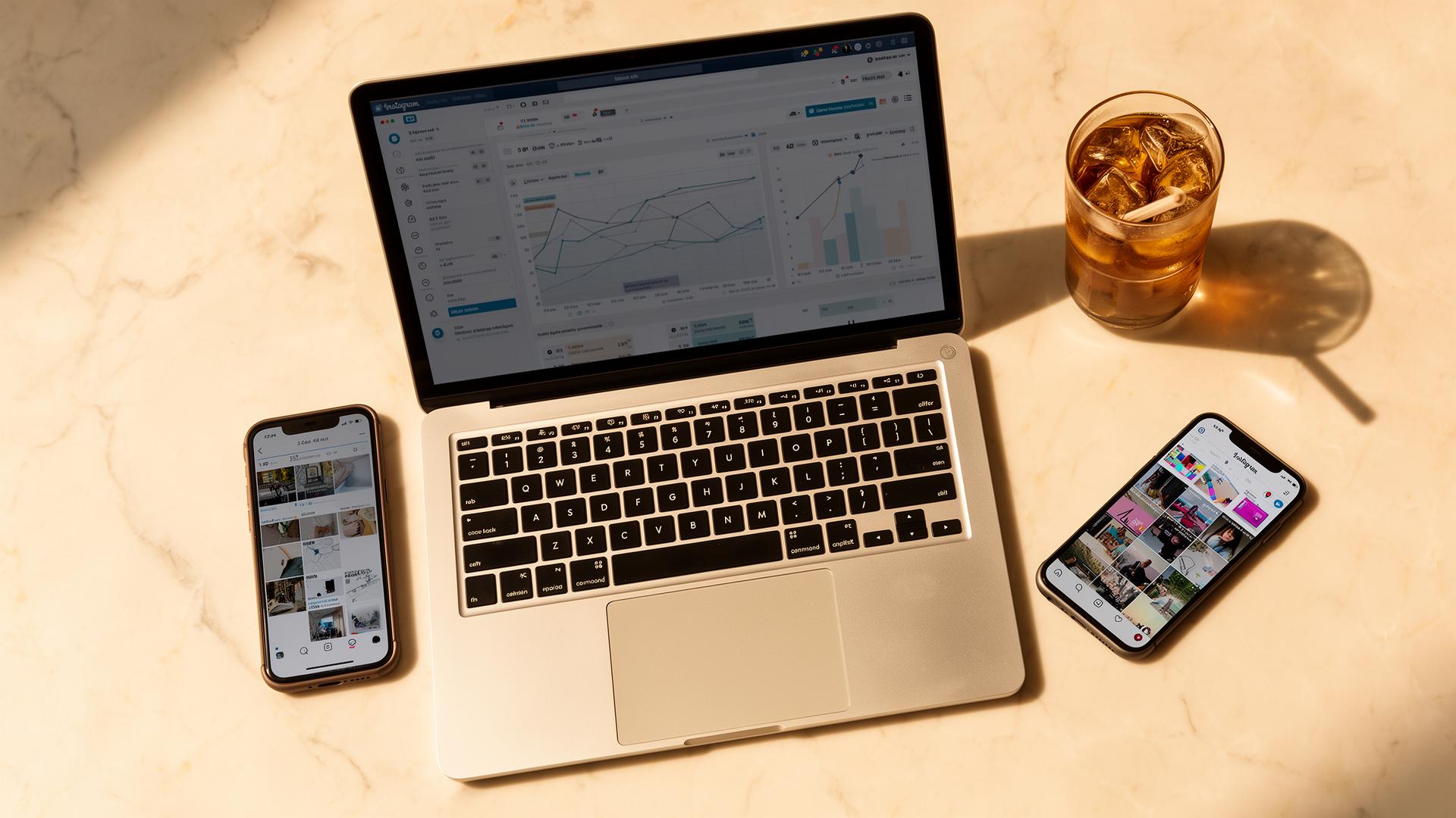 Workspace flat lay with laptop showing social analytics